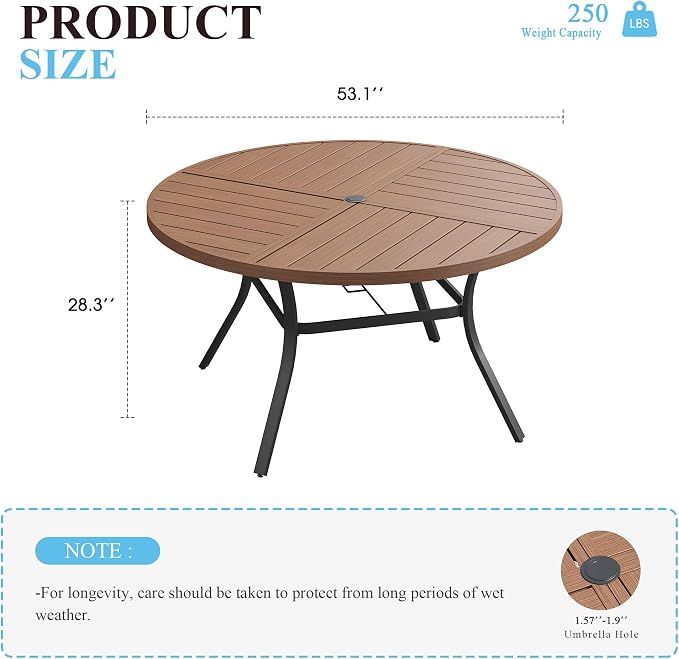 VICLLAX 53" Round Patio Table with Umbrella Hole, All Weather Metal Outdoor Dining Table for 6-8, Outside Table for Lawn Garden, Walnut Wood-Grain Finish