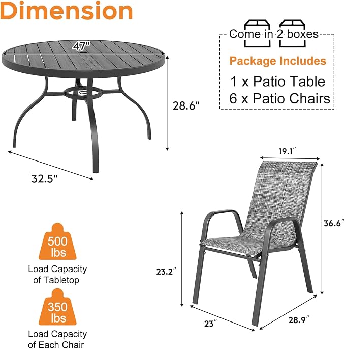 Outdoor Patio Dining Set for 6, 7 Pieces Patio Table and Chairs Set with Umbrella Hole, 47"x 47" Round Metal Wood-Grain Dining Table Set with 6 Stackable Patio Chairs for Deck , Backyard, Porch