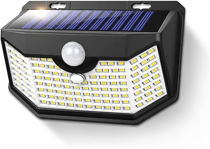 HMCITY 120 LED Solar Lights Outdoor with Motion Sensor and 3 Lighting Modes, IP65 Waterproof Wide Solar Wall Lights Ideal for Garden Patio Yard (Front Button 1Pack, Black Shell-Daylight White)