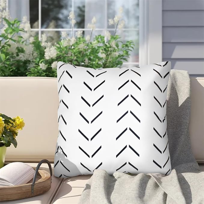 Adabana Geometric Waterproof Outdoor Pillow Covers 18x18 Black and White | Set of 2 Waterproof Design for Patio, Porch, Garden and Beach Decor