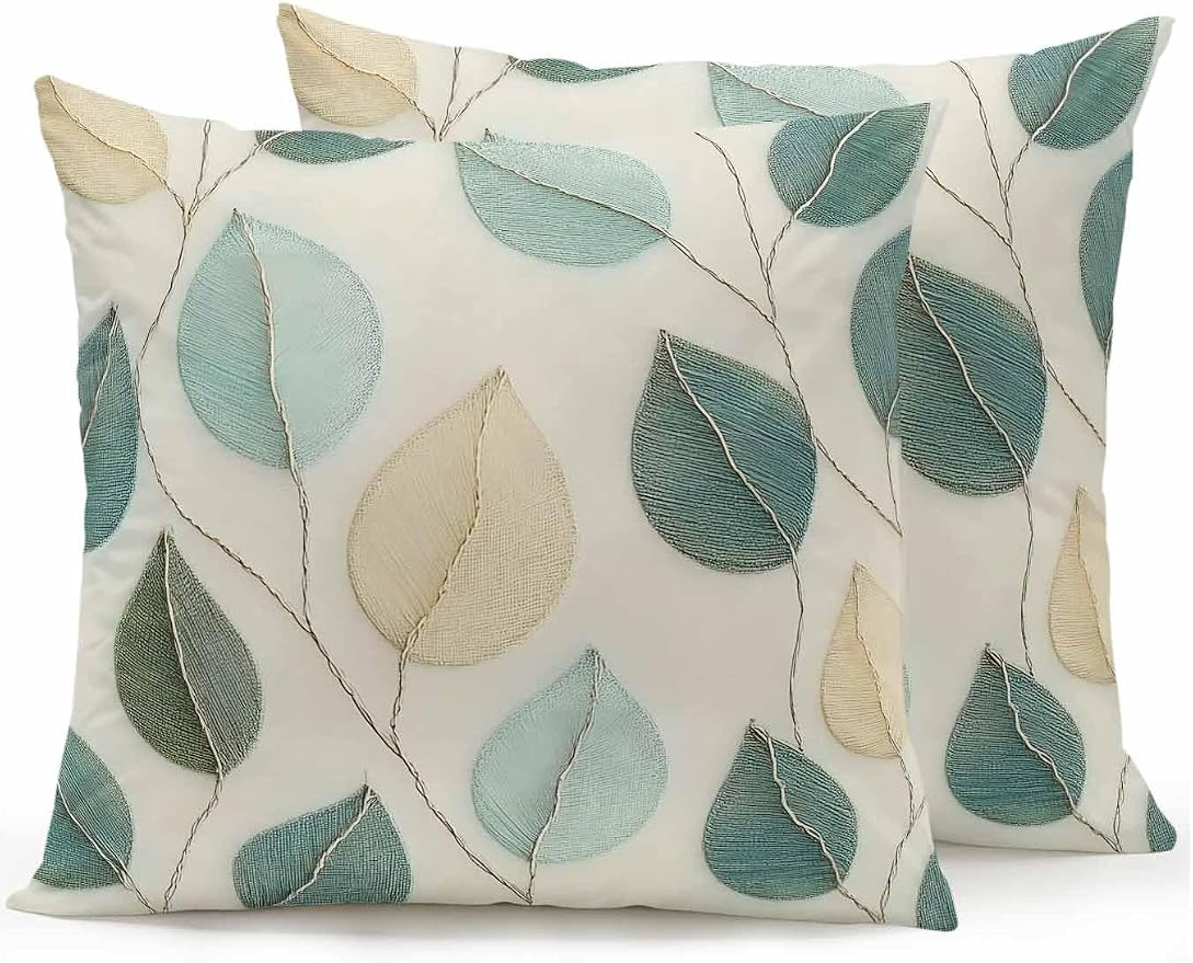 Outdoor Waterproof Throw Pillows Farmhouse Teal Green Leaf Patio Pillows Pack of 2,Decorative Pillow Covers with Insert,Pillow Cushion Case for Garden Couch Sofa Vintage Watercolor Leaves