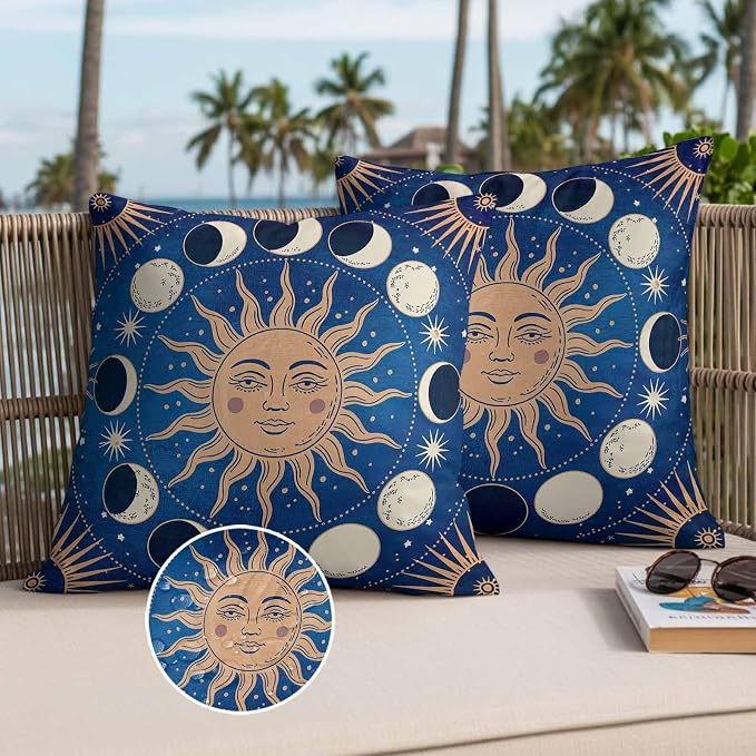 Celestial Sun and Moon Waterproof Outdoor Pillow Covers Set of 2 Home Decor, Blue Starry Galaxy Boho Pillowcase Patio Pillow Covers for Couch Bench Patio Furniture Garden 18x18in