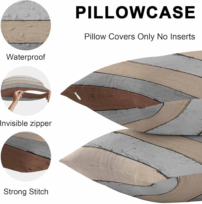 Outdoor Throw Pillow Covers 12X20 Set of 2 Waterproof Ombre Ground Color Brown Grey Decorative Zippered Cushion Covers for Patio Furniture,Lumbar Pillowcases Farmhouse Retro Rustic Barn Wood Texture