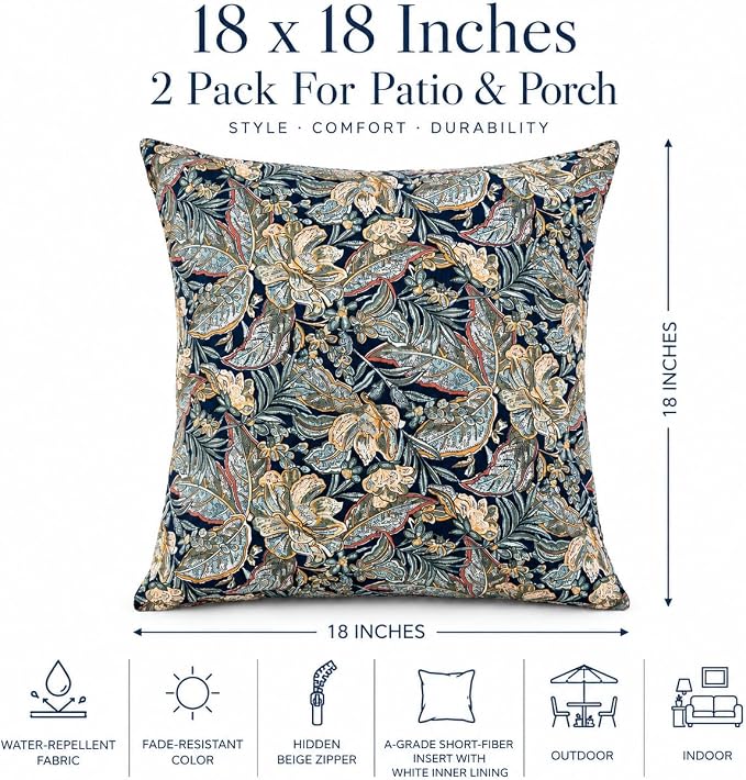 Outdoor/Indoor Decorative Throw Pillows 18×18 Inch | Pack of 2 Waterproof Decorative Throw Pillows with Inserts, Square Pillows for Bed, Couch, Sofa and Patio Furniture