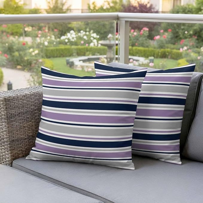 Outdoor Pillow Covers 16 x 16 Inches, Purple Grey Striped Waterproof Throw Pillow Cover Set of 2, Farmhouse Stripes Modern Abstract Art Decorative Square Cushion Covers for Patio/Couch/Garden