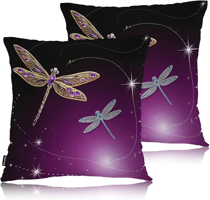 Swono Pillow Covers 18X18 Inch Set of 2 Dragonfly, Throw Pillow Cases Gold Silver Dragonflies Diamond Pillowcase Cushion Cover Decorative for Indoor Outdoor Home Sofa Bedroom Livingroom