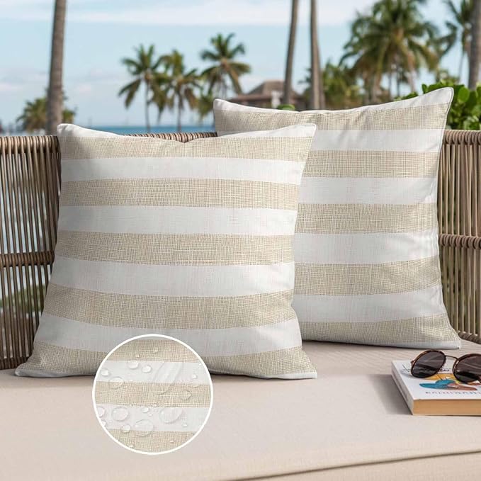 Vintage Linen Outdoor Waterproof Throw Pillow Covers Set of 2, 26"x26", Striped Beige Theme Farmhouse Decorative Pillow Covers Outside Cushion Case for Patio Porch Garden