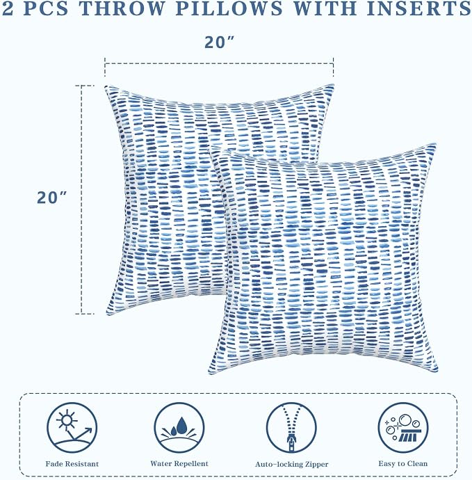 LVTXIII Outdoor Throw Pillows, Decorative Throw Pillows with Inserts, 20"x20" Square Pillows for Bed, Couch, Sofa and Patio Furniture, Set of 2, A Pebble Blue