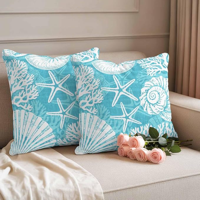 Outdoor Pillow Covers 20x20 Inch Set of 2, Teal Starfish Coastal Waterproof Throw Pillow Covers, Summer Coral Shell Beach Nautical Decorative Cushion Pillowcases for Couch, Sofa, Bed, Garden, Patio