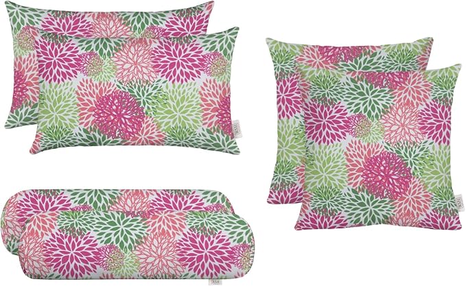 RSH DECOR 6-Pack Pillow Set | All-Weather Spun Fabric | Water & Fade-Resistant | Outdoor Throw Pillows | 20" x 12" Lumbar, 17" Square, & 20" x 6" Neck Roll | Made in USA (Floral Blooms Pink Harmony)