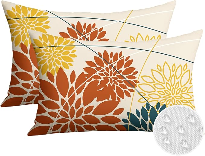 OTOSTAR Outdoor Orange Yellow Pillow Covers 12x20 Inch Set of 2 Blue Flower Throw Pillows Farmhouse Geometric Dahlia Floral Lumbar Cushion Case Waterproof Decor for Sofa Patio Funiture Garden