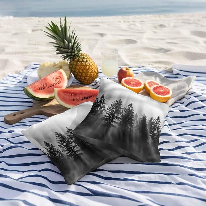 Black Forest Mist Scenery Outdoor Pillow Covers 16"x16" Set of 2, Nature Pine Trees Sunbeams Modern Waterproof Throw Pillow Covers for Patio Furniture, Decorative Cushion Covers for Porch