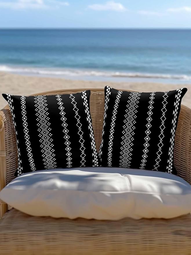 Outdoor Waterproof Throw Pillows 18x18in, Traditional Tribal White Diamond Patio Pillows Pack of 1, Decorative Pillow Covers with Insert, Pillow Cushion Case for Garden Boho Geometric on Black