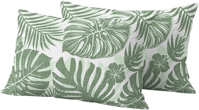 Green Palm Leaves Outdoor Pillow Covers 20"x12" Set of 2, Tropical Botanical Minimalist Modern Waterproof Throw Pillow Covers for Patio Furniture, Decorative Cushion Covers for Porch