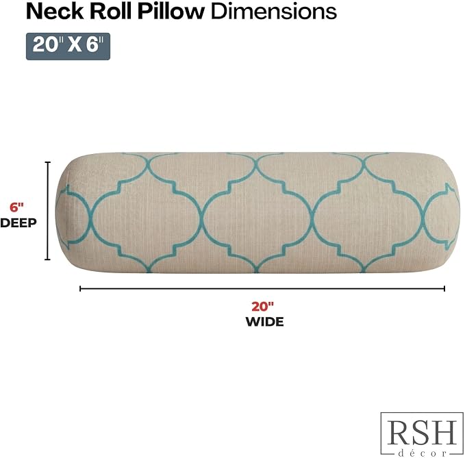 RSH DECOR: Sunbrella Neck Roll Pillows Set of 2 | 20” x 6” | Outdoor Bolster for Patio, Deck, Porch, or Poolside Furniture | Water & Fade-Resistant | Made in USA (Trellis Geo II Mist)