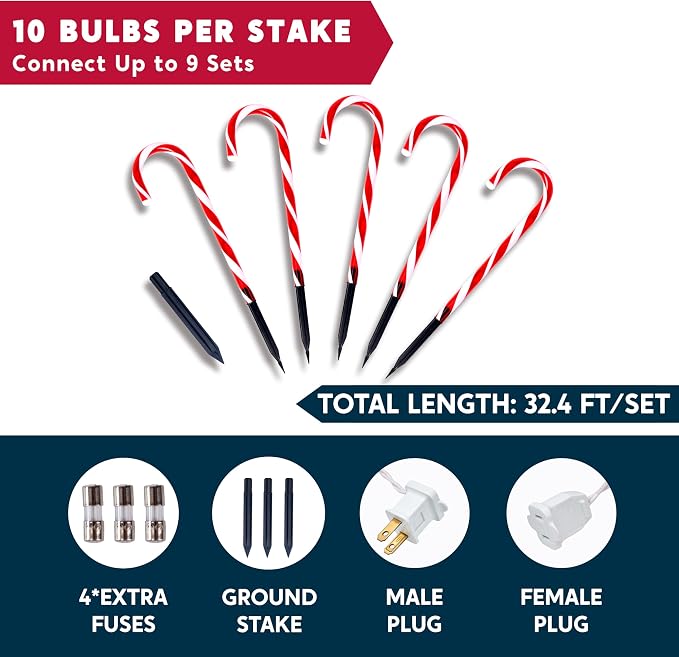 Joiedomi 12 Pcs Christmas Candy Cane Pathway Markers Lights, 12” Stakes Lights with Warm White, Waterproof Outdoor Decorations for Holiday Xmas Indoor,Yard,Patio,Garden,Walkway