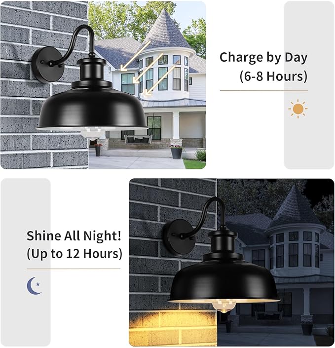 Solar Barn Lights for Outside, Outdoor Wall Lights Solar Powered, Farmhouse Exterior Wall Sconces, Industrial Exterior Lighting Fixture, Rustic Lantern for Garage, Barn, Shed,RZSR007-2