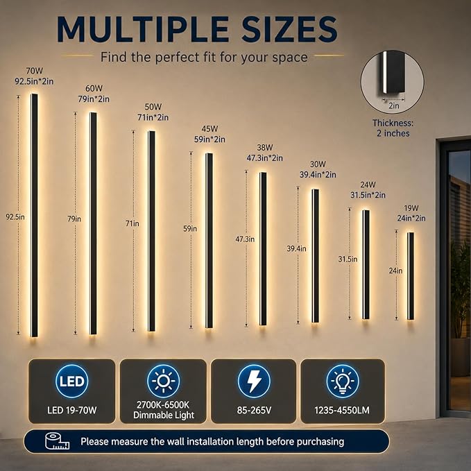 92 in Modern Outdoor Wall Lights for House, Black LED Exterior Light Fixtures Wall Mount, Waterproof Long Porch Lights, 2700K-6500K 3CCT Linear Wall Sconce Light for Front Door Garage