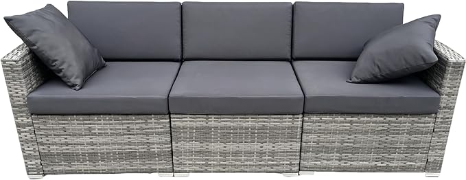 DECMICO 3 Piece Rattan Conversation Bistro Set, Outdoor Wicker Patio Furniture Set, All-Weather PE Rattan Chairs with Cushions for Backyard, Balcony, Garden, Charcoal Grey