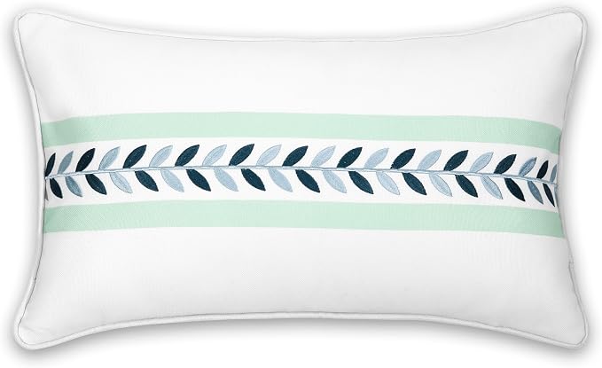 Hofdeco Premium Coastal Patio Indoor Outdoor Lumbar Pillow Cover Only, 12"x20" Water Repellent for Backyard, Couch, Aqua Embroidered Frame Leafs with Piping