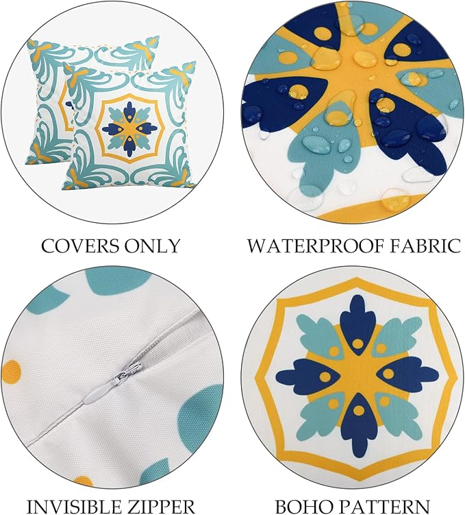 Pyonic Outdoor Waterproof Throw Pillow Covers Set of 4 Floral Printed and Boho Farmhouse Outdoor Pillow Covers for Patio Funiture Garden 20x20 Inch Blue