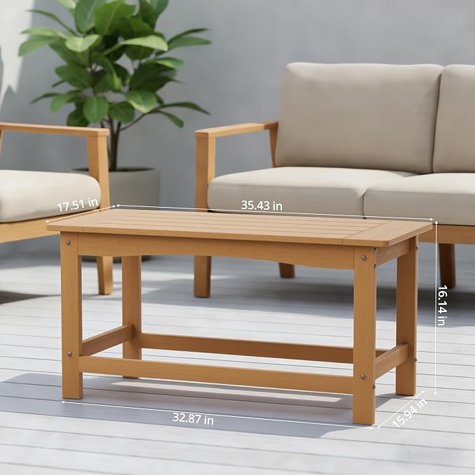 Outdoor Coffee Table, 35.4" x 17.5" All Weather Rectangle Patio Coffee Side Table for Garden Lawn Porch Poolside Balcony (Teak)