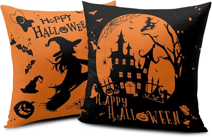 Halloween Indoor Decorations Witch Castle Spider Web Halloween Pillows Cases 16x16 Set of 2 Hallowee Fall Throw Pillows Covers Orange and Black Pillows Covers for Sofa Couch