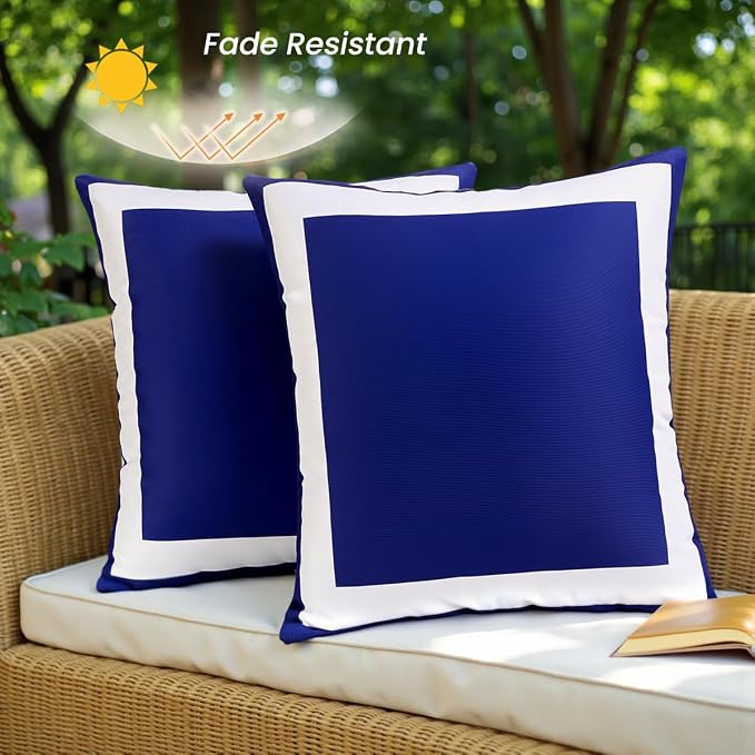 JOJOGOGO Navy Blue Outdoor Throw Pillow Covers Waterproof 18x18 Set of 2, Navy Decorative Outdoor Waterproof Sunburn Resistant Cushion Boho Pillows 18 x 18 for Patio Furniture Bench (White Border)