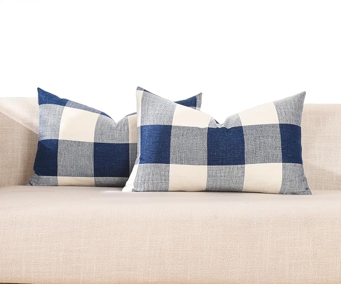 CARRIE HOME Navy Blue Buffalo Plaid Lumbar Pillow Covers 12x20 Set of 2 Blue Checkered Pillow Covers 12 x 20 Outdoor Farmhouse Lumbar Pillow Covers for Front Porch and Patio Furniture