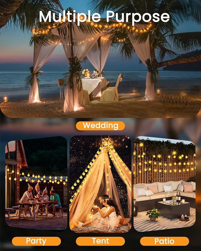 LORRYTE 2 Pack 64FT 100 LED Globe Solar String Lights Outdoor, Warm White | Crystal Globe Patio Lights, IP65 Waterproof, Auto On/Off, 8 Modes Solar Powered Light for Garden Yard Wedding Porch Party