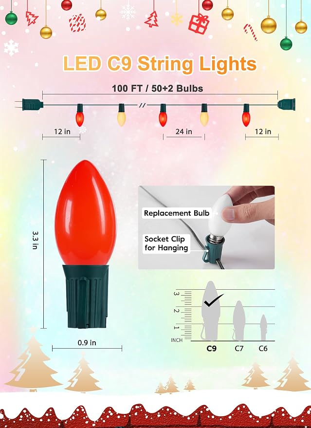 C9 Christmas Lights Outdoor, 100Ft 50 LED Red & Warm White String Lights | Waterproof Shatterproof Connectable Christmas Tree Lights for House Outside Roofline Patio Yard Home Xmas Decorations