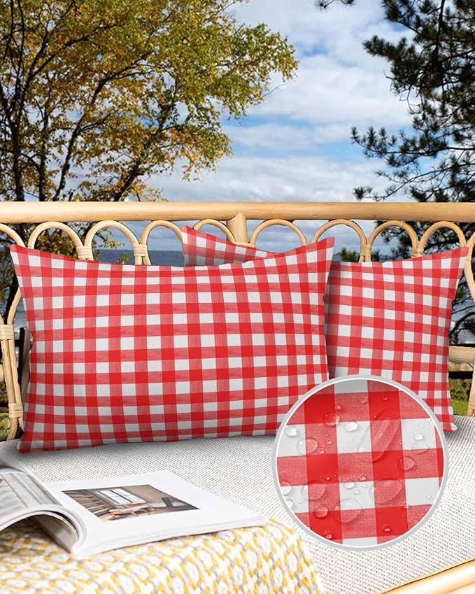 Outdoor Waterproof Throw Pillows Country Red Buffalo Plaid Patio Pillows,Decorative Pillow Covers with Insert,Pillow Cushion Case for Garden Couch Sofa Classic Gingham Check