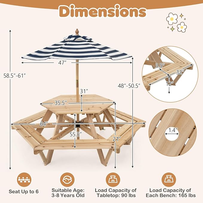 HONEY JOY Kids Picnic Table, Hexagonal Toddler Outdoor Table and Chair Set, 6 Built-in Benches, Removable Umbrella, Fir Wood Children Backyard Furniture for Patio Garden Deck Poolside, Natural