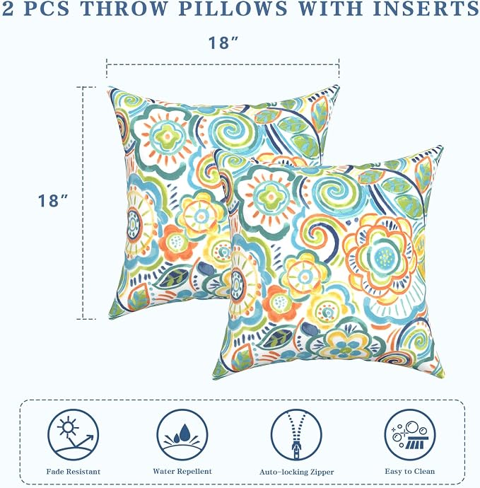 LVTXIII Outdoor/Indoor Throw Pillows, Decorative Throw Pillows with Inserts, 18"x18" Square Pillows for Bed, Couch, Sofa and Patio Furniture, Set of 2, Flower Blue