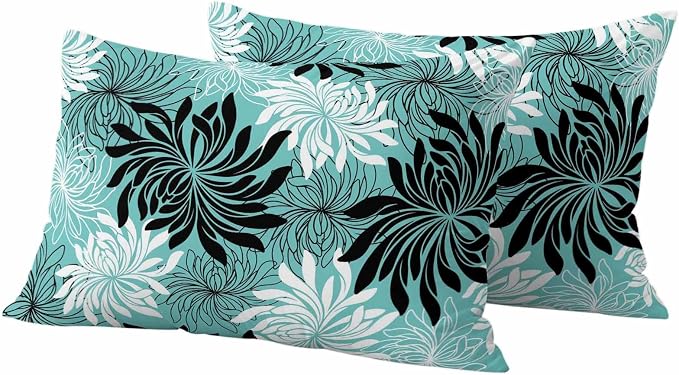 Yukro Teal Black Floral Outdoor Waterproof Pillow Covers Pack of 2, Vintage Teal White Black Flower Decorative Throw Pillowcases Cushion Covers for Garden Patio Tent Sofa Couch, 20x12 inch
