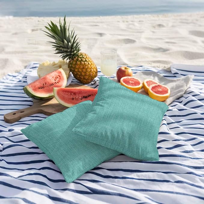 Outdoor Waterproof Throw Pillow Covers Set of 2 Turquoise Linen Pillowcases 26x26 Inches Farmhouse Pure Color Decorative Pillows Cushion Case Patio Pillows for Couch Bed Chair Garden