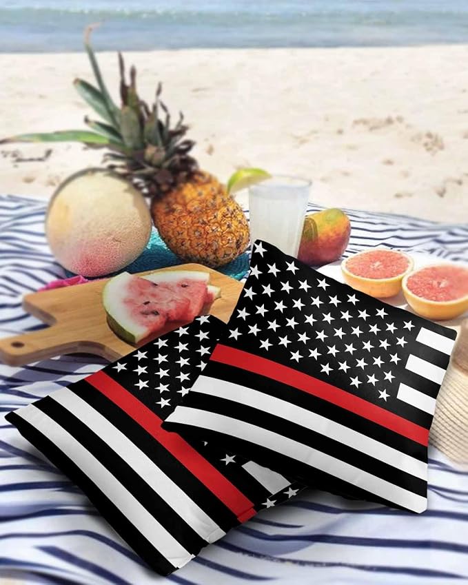 Outdoor Waterproof Pillow Covers Set of 2, Thin Red Line Flags American Firefighter Red Stripes Flag Patio Throw Pillow Covers, Decorative Cushion Case for Couch Sofa Furniture Garden, 26x26 Inch