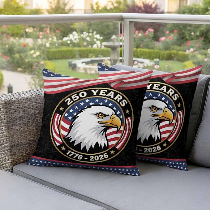 250 Year Anniversary Outdoor Waterproof Throw Pillow Covers 18x18 Set of 2, Independence Day Eagle USA Flag Decorative Pillowcases Cushion Pillowcase for Couch Sofa Patio Outside Pillow Protector