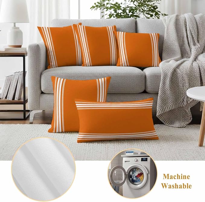 Outdoor Pillow Covers 18x18 Set of 2 Fall Orange Stripes Outdoor Pillows Waterproof Throw Pillow Covers French Stripe Farmhouse Style Pillowcases Decorative Case for Patio Cushion