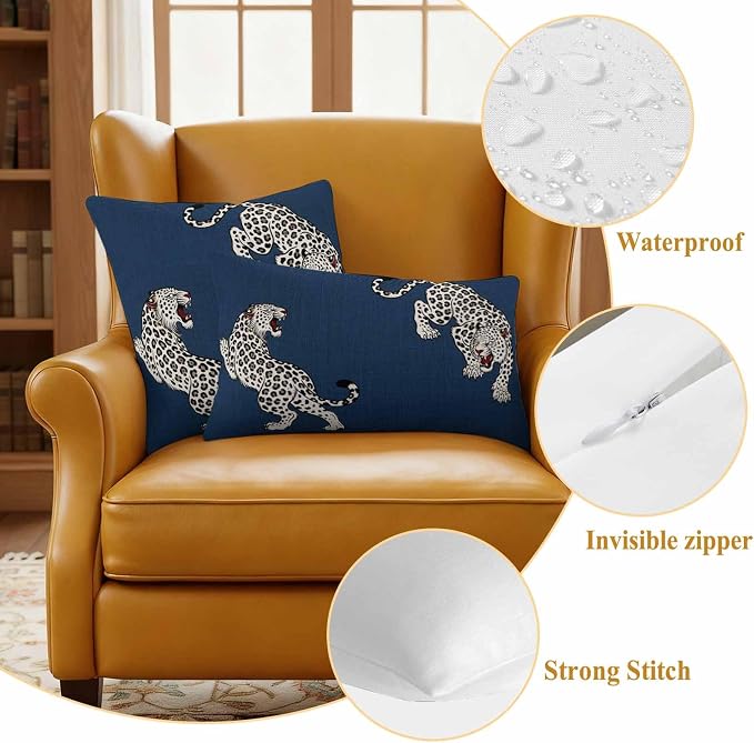 Navy Blue Leopard Outdoor Waterproof Pillow Covers Pack of 2, Modern Style Wild Animal Rustic Linen Texture Throw Pillowcases Decorative Cushion Covers for Garden Patio Tent Sofa Couch, 16x16 inch