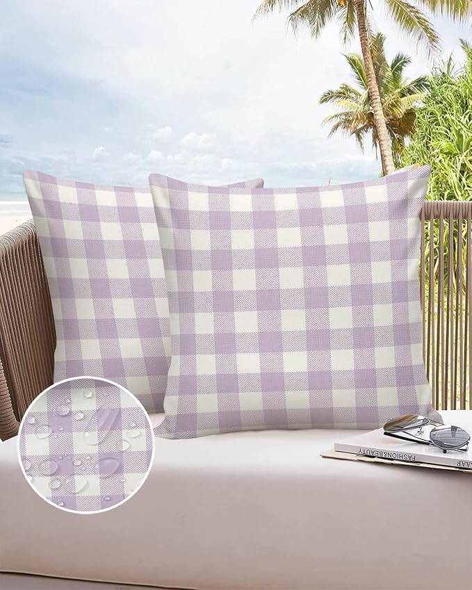 Outdoor Waterproof Throw Pillow Covers Set of 2 Lavender Buffalo Check Plaid Pillowcases 24x24 Inches Farmhouse Style Patio Decorative Pillows Cushion Case Patio Pillows for Couch Bed Chair Garden