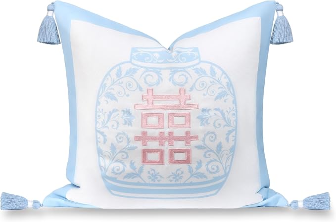 Hofdeco Premium Coastal Grandmillennial Patio Indoor Outdoor Throw Pillow Cover Only, 20"x20" Water Repellent for Backyard, Couch, Poolside, Baby Blue Pink Embroidered Happiness Chinoiserie Vase