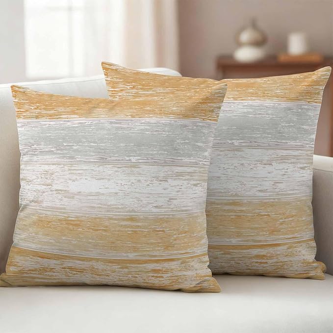 Outdoor Waterproof Throw Pillow Covers, Vintage Orange Grey Decorative Pillow Cases, Farmhouse Barn Wooden Striped Couch Pillow Protector Patio Sofa Cushion Covers Replacement 26"x26" 2 Pack