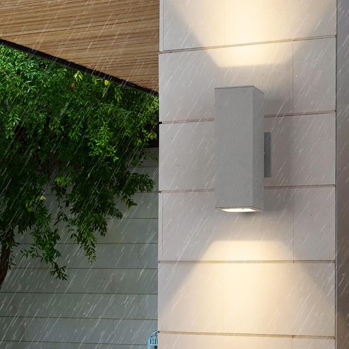 mirrea 12" Modern Outdoor Porch Light in 2 Lights, Matte Gray, 2 Pack | Patio wall sconce, aluminum rectangular tube, tempered glass, waterproof. Up & down lighting for outdoor wall mount fixture.