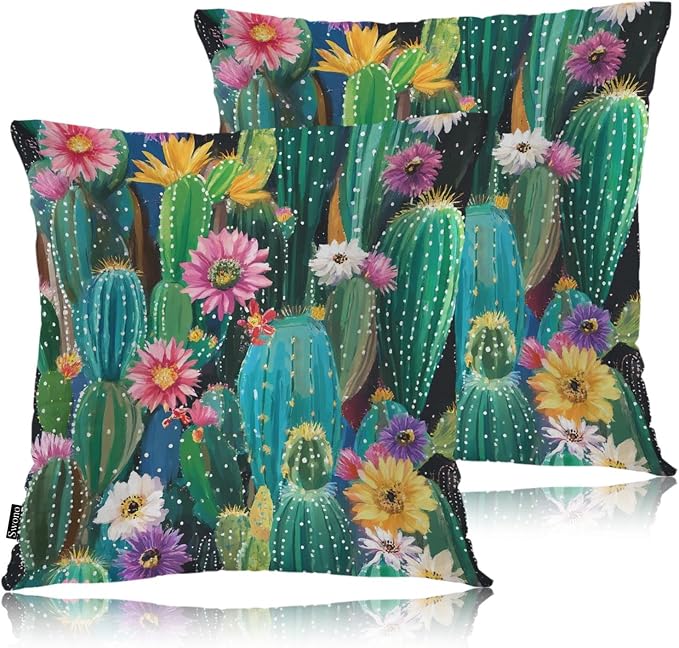 Swono Cactus Set of 2 Decorative Throw Pillow Covers Cushion Case, Tropical Rainbow Blooming Cactus Florals Farmhouse Pillowcase Cozy Pillow Cover for Couch Sofa Bed Garden Chair Car 18 X 18 Inch