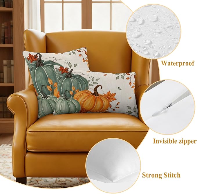 Green Orange Fall Waterproof Outdoor Pillow Covers 20''x12'' Set of 2, Maple Leaves Thanksgiving Patio Furniture Cushion Covers for Chairs,Decorative Farmhouse Beige Pillow Cases for Garden/Pool/Beach