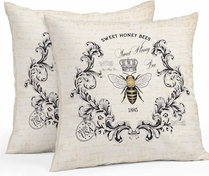 Vandarllin Outdoor Throw Pillows Covers 26x26 inch Set of 2 Waterproof Sweet Honey Bees Decorative Zippered Cushion Covers for Patio Furniture, Floral Crown Wreath Vintage Lumbar Pillowcases