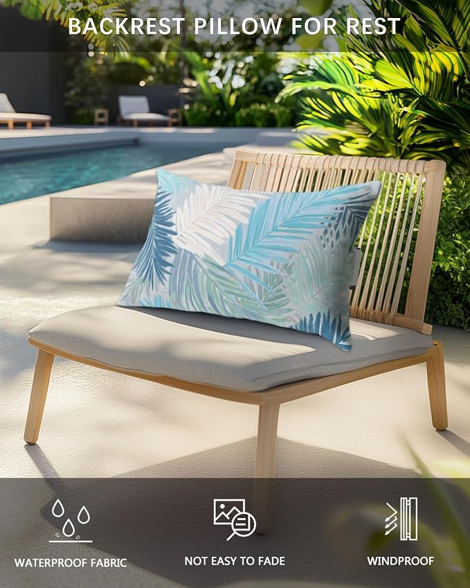 Outdoor Pillows Waterproof Covers Set of 2, Blue Palm Leaves Adjustable Elastic Chaise Lounge Head Resting Pillows, Tropical Leaf Plant Lumbar Pillow for Pool Beach Patio Furniture 11x16 Inch