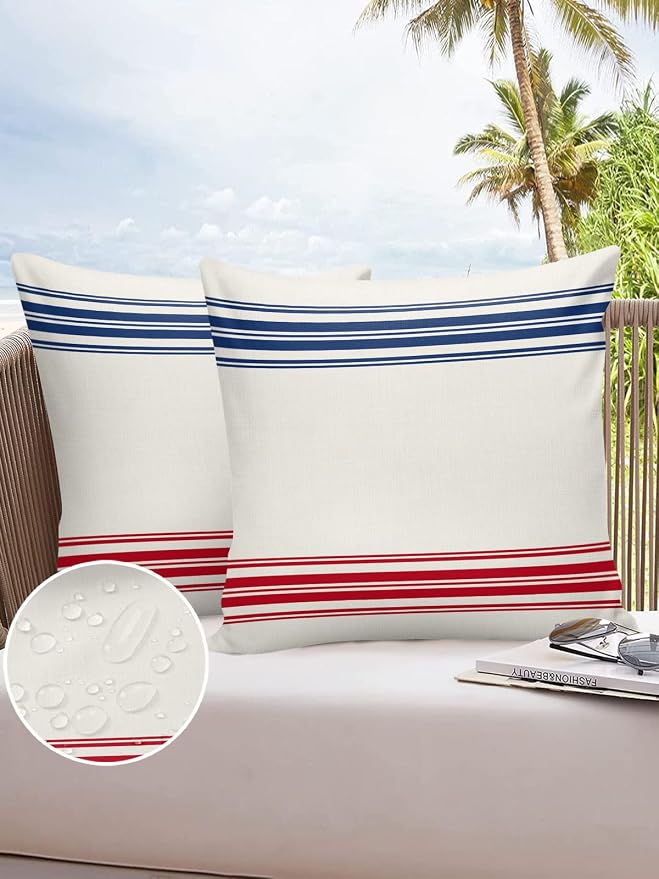 Outdoor Waterproof Pillow Covers Set of 2, Independence Day Flag Day Blue Red Stripe Vintage Patio Throw Pillow Covers, Decorative Cushion Case for Couch Sofa Furniture Garden, 20x20 Inch