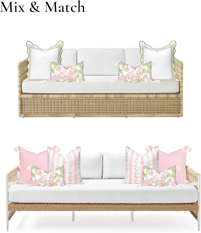 Hofdeco Premium Coastal Patio Indoor Outdoor Lumbar Pillow Cover Only, 12"x20" Water Repellent for Backyard, Couch, Blush Pink Green Print Sketch Hydrangea Flower